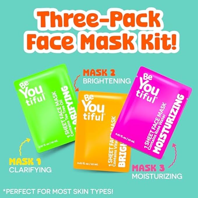 STRBOXONG FACE MASK SKINCARE SHEETS SET OF 3, HYDRATING SPA FACIAL MASKS, PREPPY SKIN CARE FOR TEENS, TWEENS, KIDS, WOMEN AND GIRLS, SLEEPOVER SLUMBER PARTY SUPPLIES AND GIFTS, FOR AGES 8-17 - Image 4